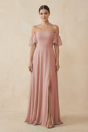 English Rose Off-the-Shoulder A-Line Chiffon Bridesmaid Dress | KISSBRIDAL