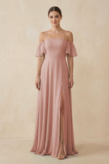 English Rose Off-the-Shoulder A-Line Chiffon Bridesmaid Dress | KISSBRIDAL