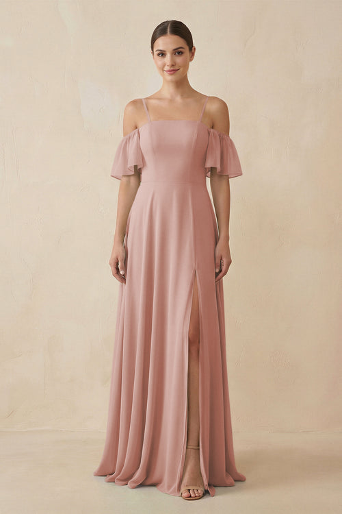 English Rose Off-the-Shoulder A-Line Chiffon Bridesmaid Dress | KISSBRIDAL