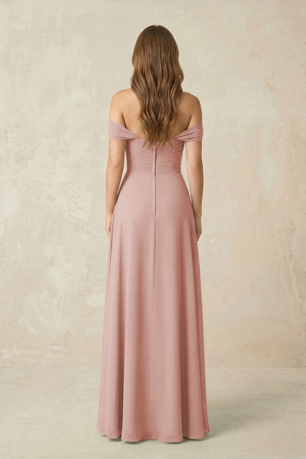 Off-the-Shoulder A-Line Chiffon Pleated Bridesmaid Dress in English Rose