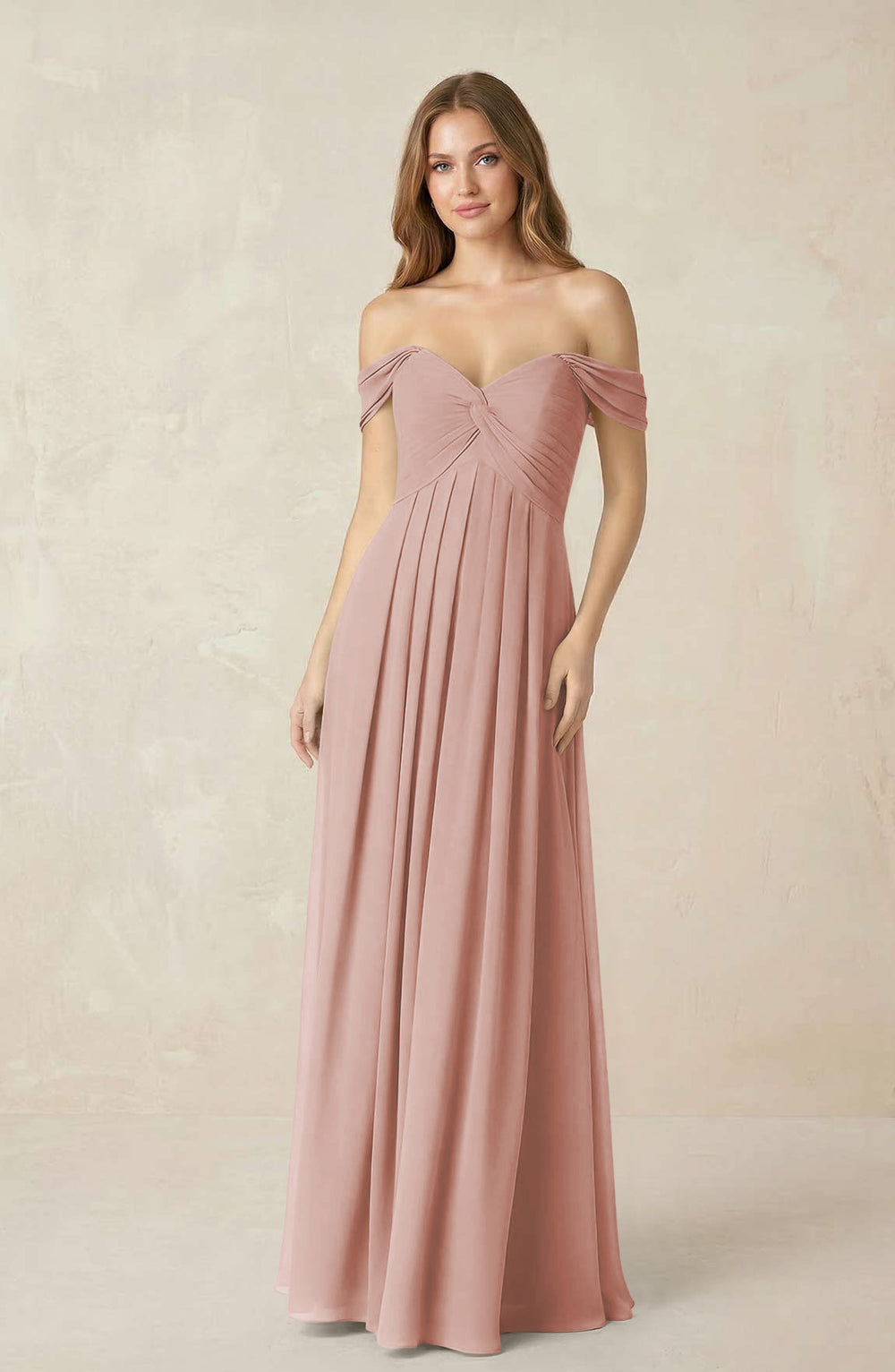 Off-the-Shoulder A-Line Chiffon Pleated Bridesmaid Dress in English Rose
