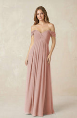 English Rose Off-the-Shoulder A-Line Chiffon Pleated Bridesmaid Dress | KISSBRIDAL