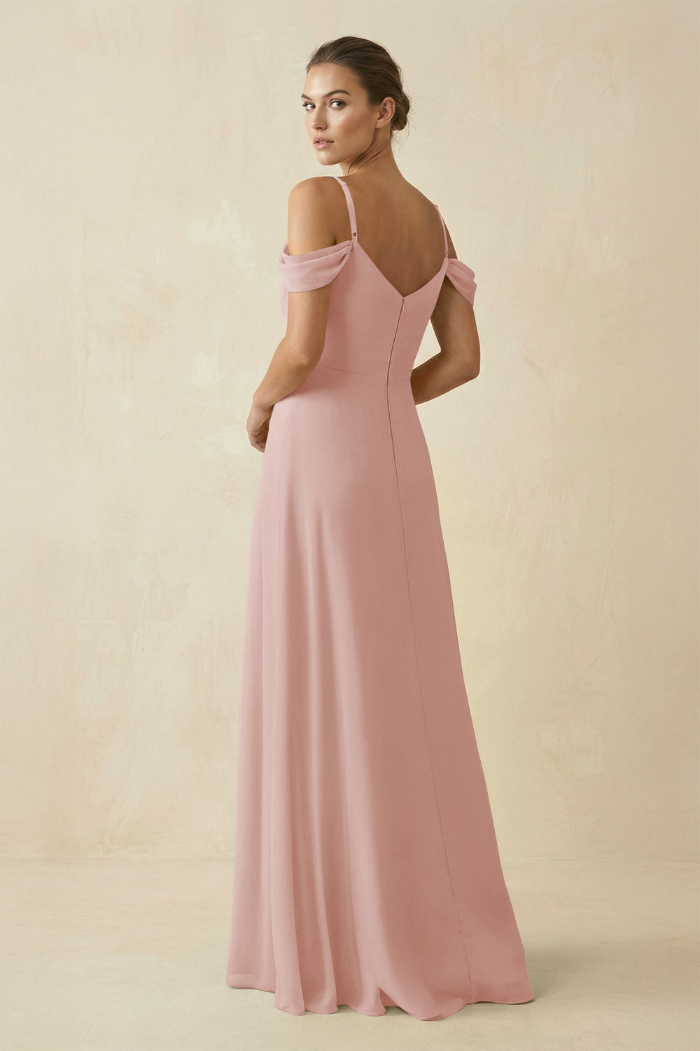 Off-the-Shoulder A-Line Pleated Chiffon Bridesmaid Gown in English Rose
