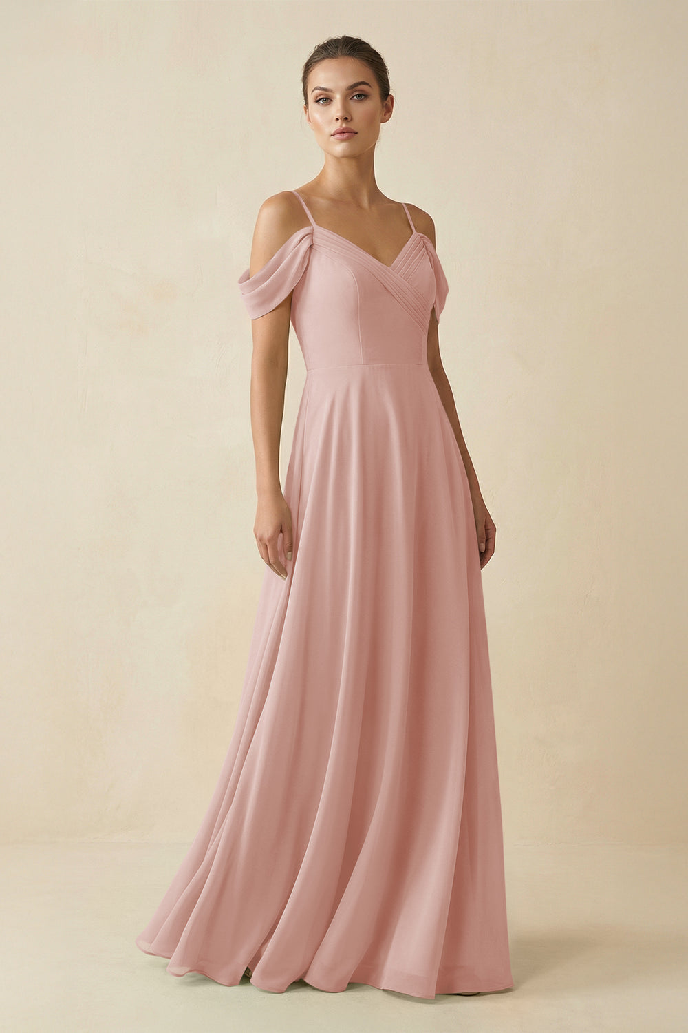 Off-the-Shoulder A-Line Pleated Chiffon Bridesmaid Gown in English Rose