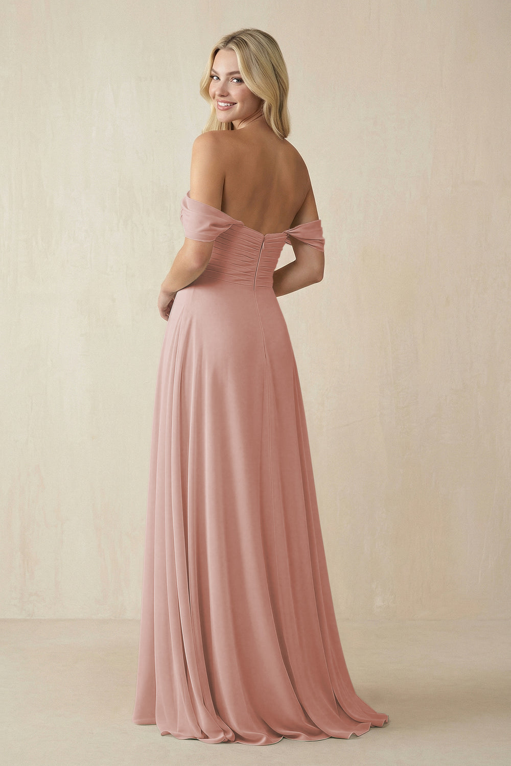 Off-the-Shoulder Chiffon A-Line Long Bridesmaid Dress in English Rose