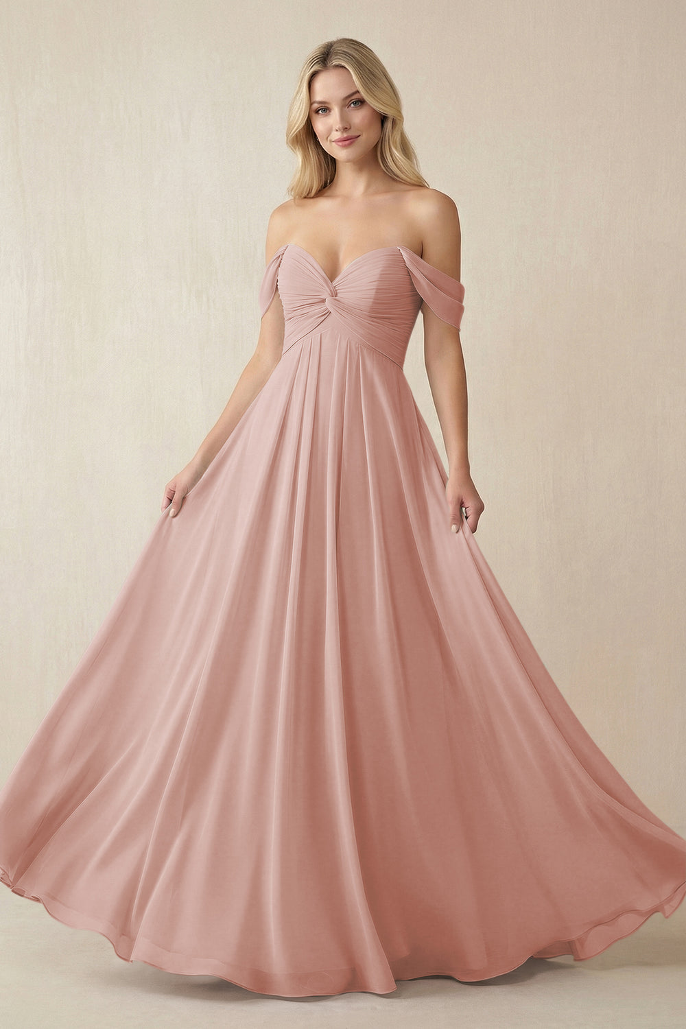 Off-the-Shoulder Chiffon A-Line Long Bridesmaid Dress in English Rose