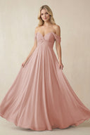English Rose Off-the-Shoulder Chiffon A-Line Long Bridesmaid Dress | KISSBRIDAL