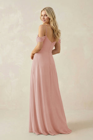 English Rose Off-the-Shoulder Chiffon A-Line Maxi Bridesmaid Dress (2) | KISSBRIDAL