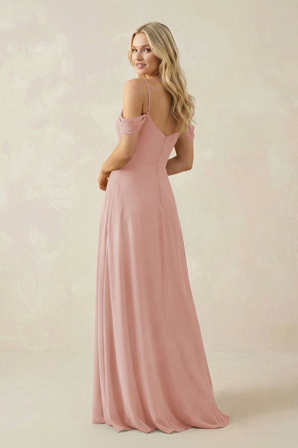 English Rose Off-the-Shoulder Chiffon A-Line Maxi Bridesmaid Dress (2) | KISSBRIDAL