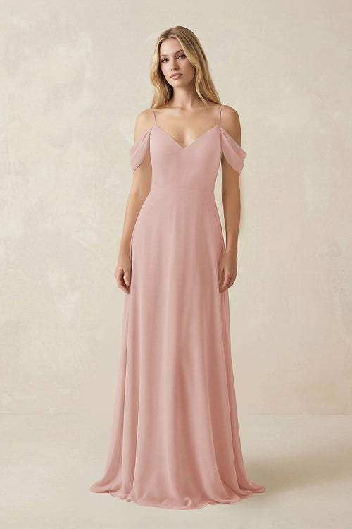 English Rose Off-the-Shoulder Chiffon A-Line Maxi Bridesmaid Dress | KISSBRIDAL