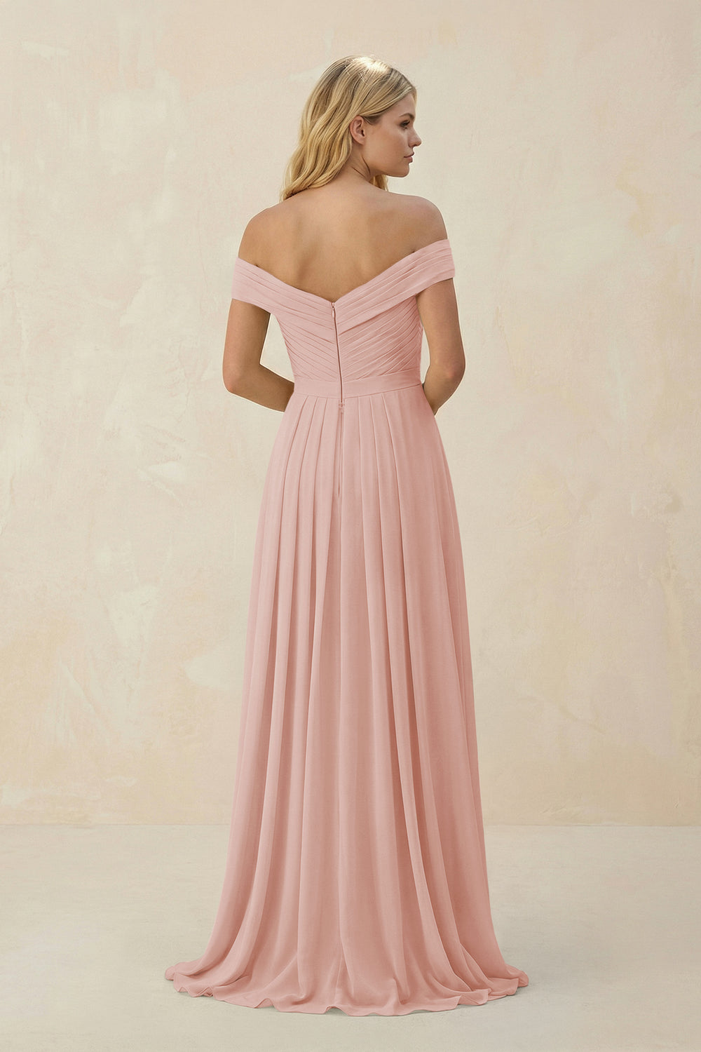 Off-the-Shoulder Pleated A-Line Chiffon Bridesmaid Dress in English Rose
