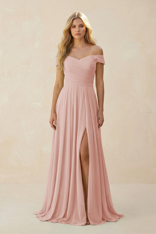 English Rose Off-the-Shoulder Pleated A-Line Chiffon Bridesmaid Dress | KISSBRIDAL