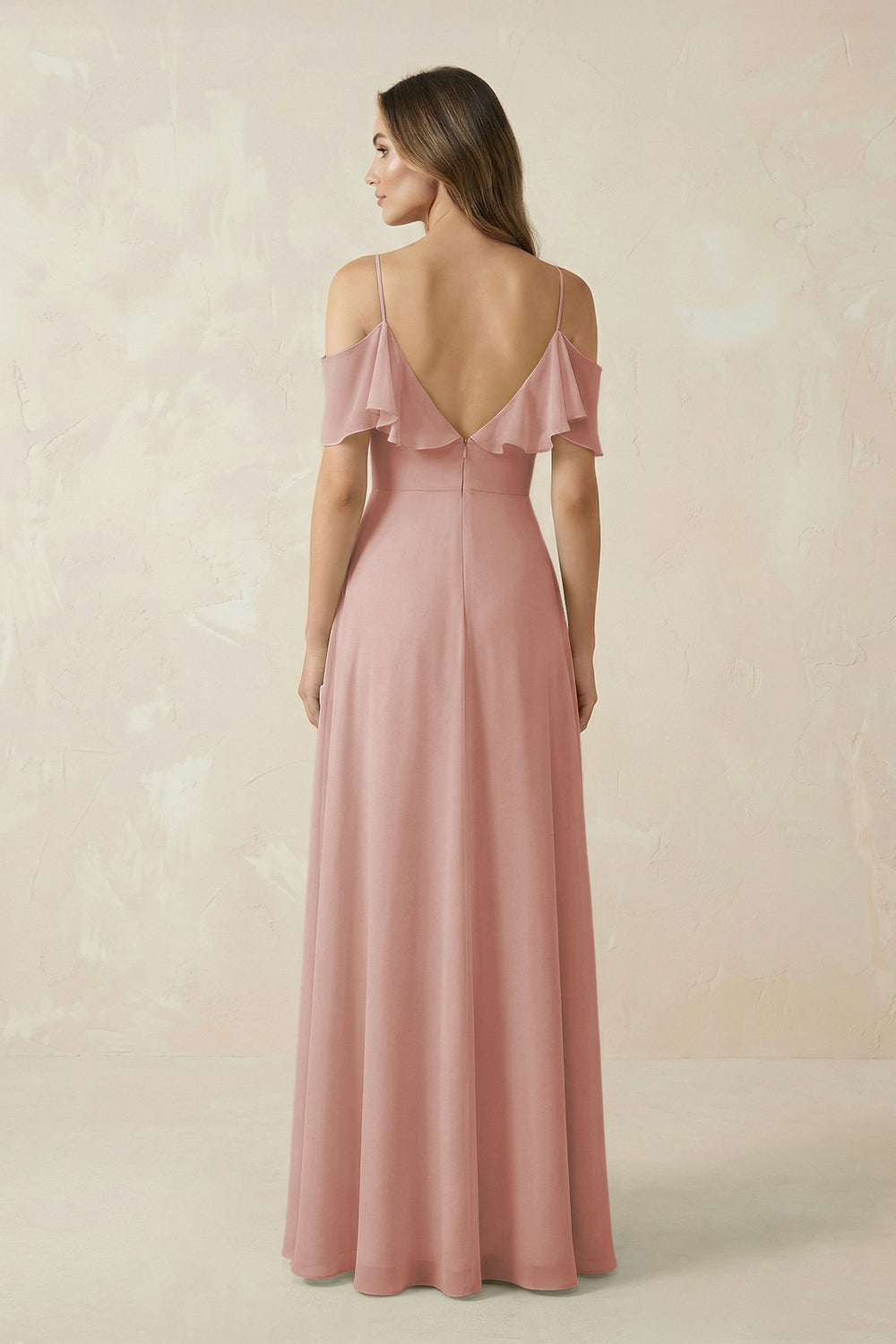 Off-the-Shoulder Ruffled A-Line Chiffon Bridesmaid Dress in English Rose