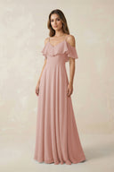 English Rose Off-the-Shoulder Ruffled A-Line Chiffon Bridesmaid Dress | KISSBRIDAL