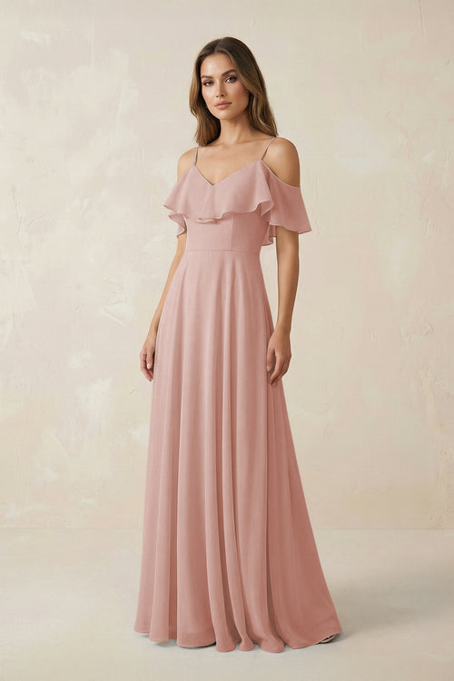 English Rose Off-the-Shoulder Ruffled A-Line Chiffon Bridesmaid Dress | KISSBRIDAL