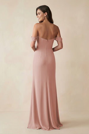 English Rose Off-the-Shoulder Sheath Bridesmaid Dress with Slit (2) | KISSBRIDAL