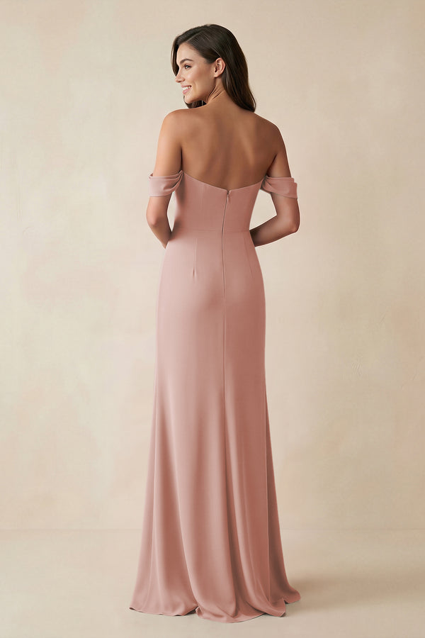 English Rose Off-the-Shoulder Sheath Bridesmaid Dress with Slit (2) | KISSBRIDAL