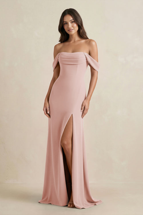 English Rose Off-the-Shoulder Sheath Bridesmaid Dress with Slit | KISSBRIDAL