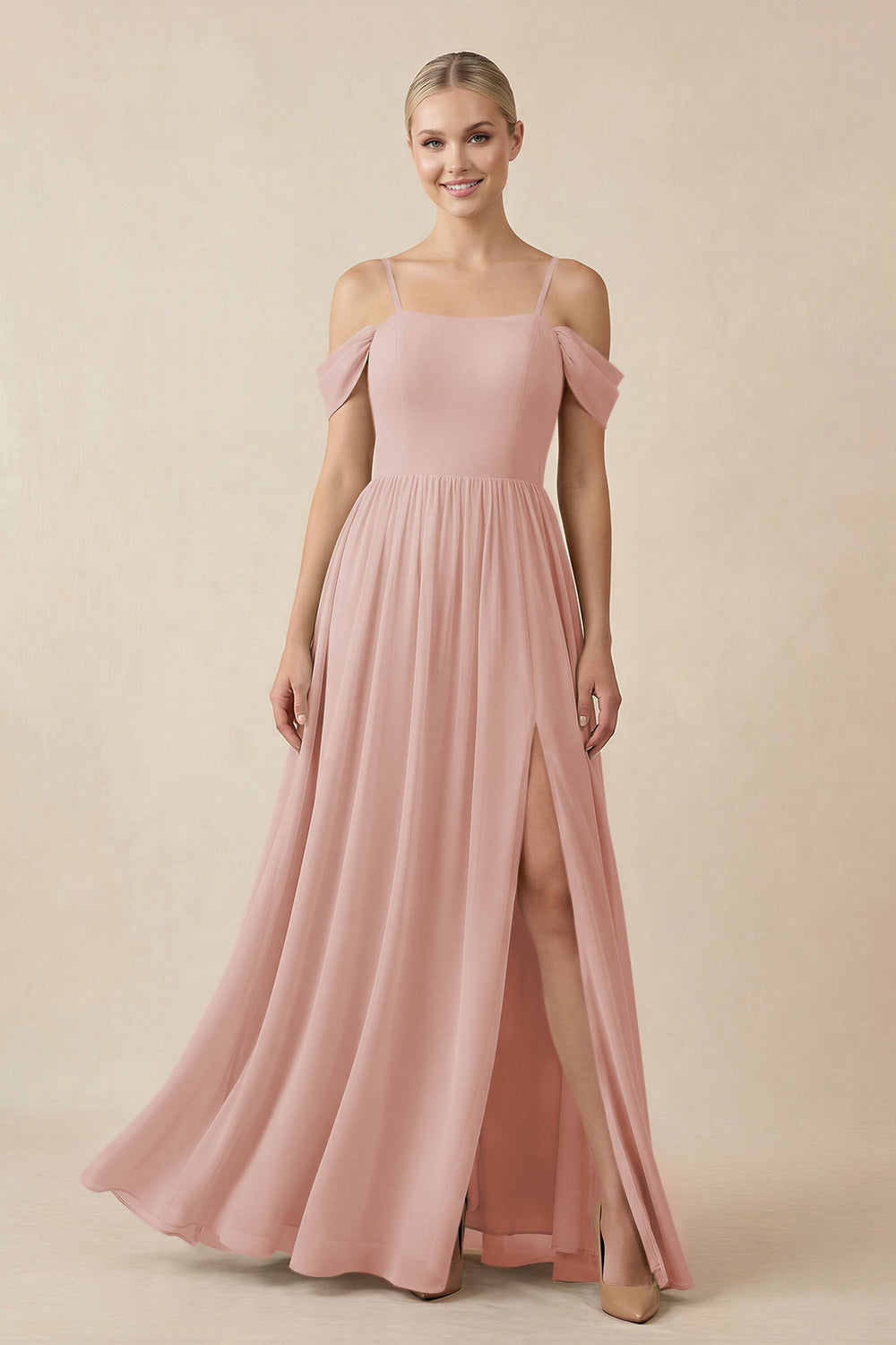 Off-the-Shoulder Sweetheart A-Line Chiffon Bridesmaid Dress in English Rose