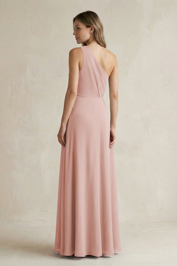 English Rose One-Shoulder Chiffon A-Line Bridesmaid Dress With Slit (2) | KISSBRIDAL