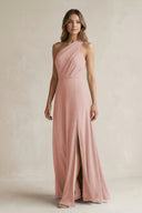 English Rose One-Shoulder Chiffon A-Line Bridesmaid Dress With Slit | KISSBRIDAL