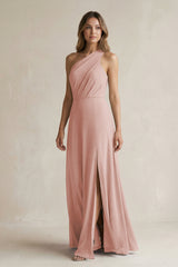English Rose One-Shoulder Chiffon A-Line Bridesmaid Dress With Slit | KISSBRIDAL