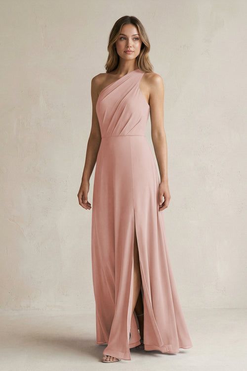 English Rose One-Shoulder Chiffon A-Line Bridesmaid Dress With Slit | KISSBRIDAL