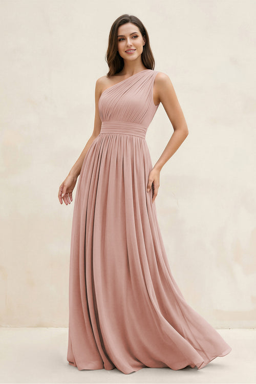 English Rose One-Shoulder Pleated A-Line Chiffon Bridesmaid Dress | KISSBRIDAL