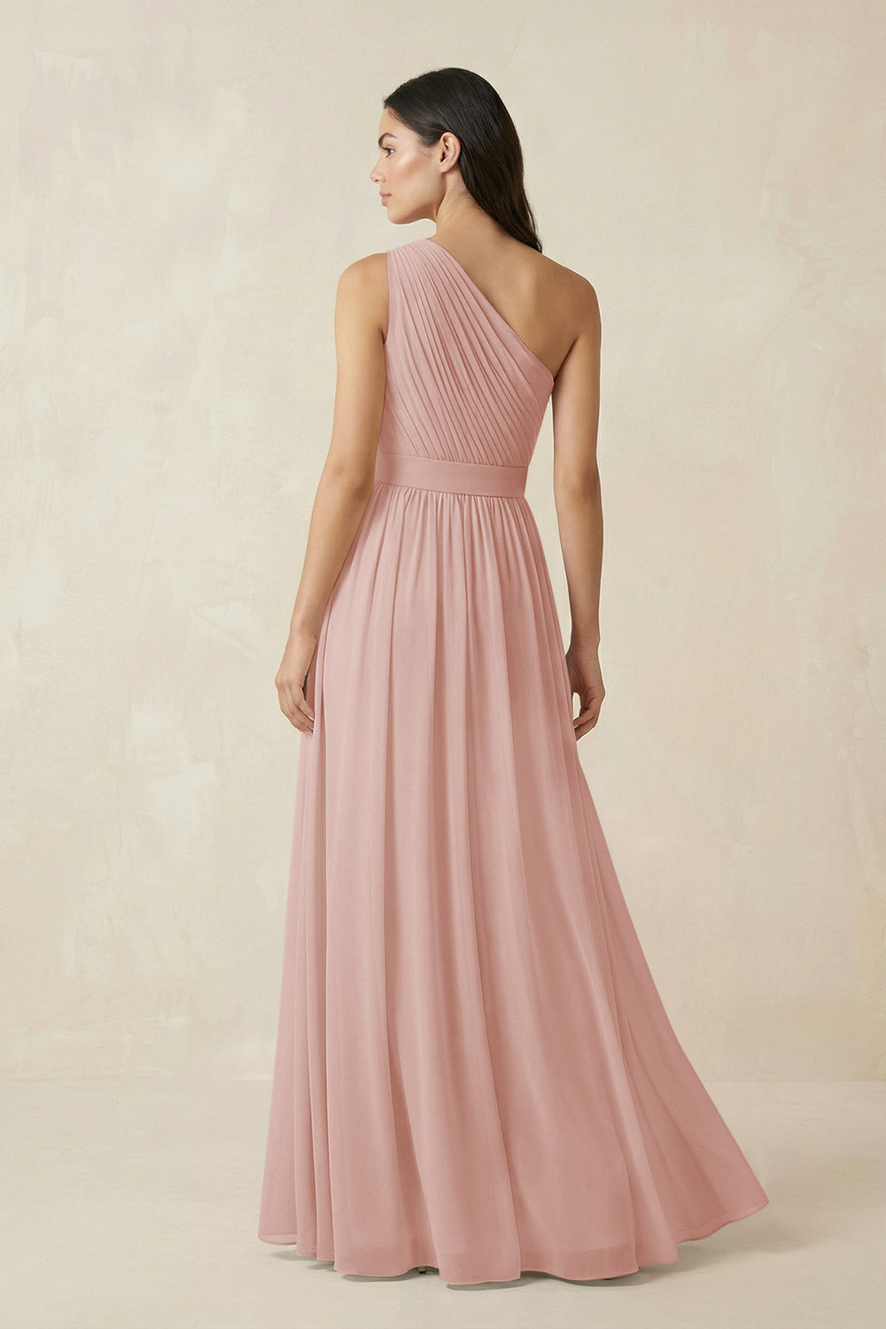 One-Shoulder Pleated Chiffon Bridesmaid Gown in English Rose
