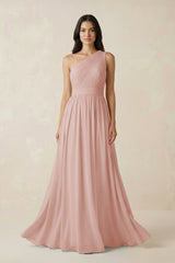English Rose One-Shoulder Pleated Chiffon Bridesmaid Gown | KISSBRIDAL