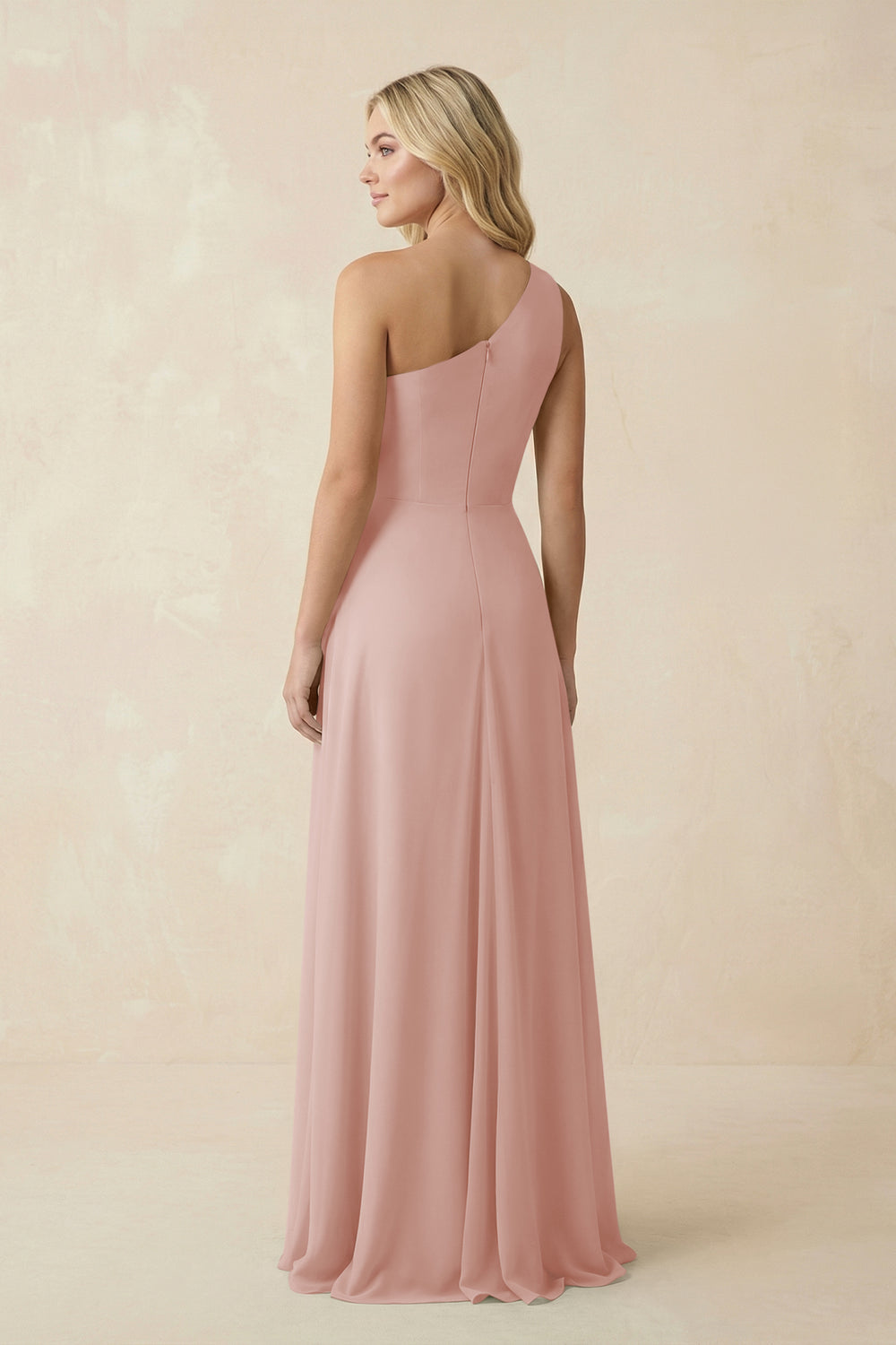 One-Shoulder Ruched A-Line Chiffon Bridesmaid Dress in English Rose