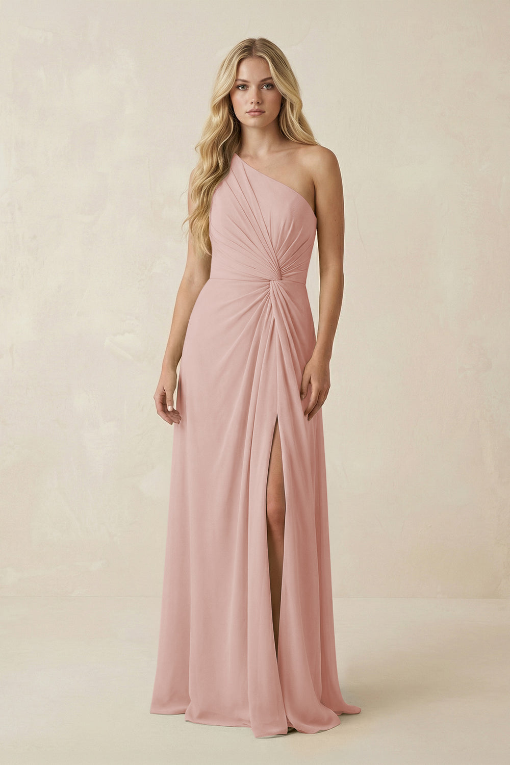 One-Shoulder Ruched A-Line Chiffon Bridesmaid Dress in English Rose