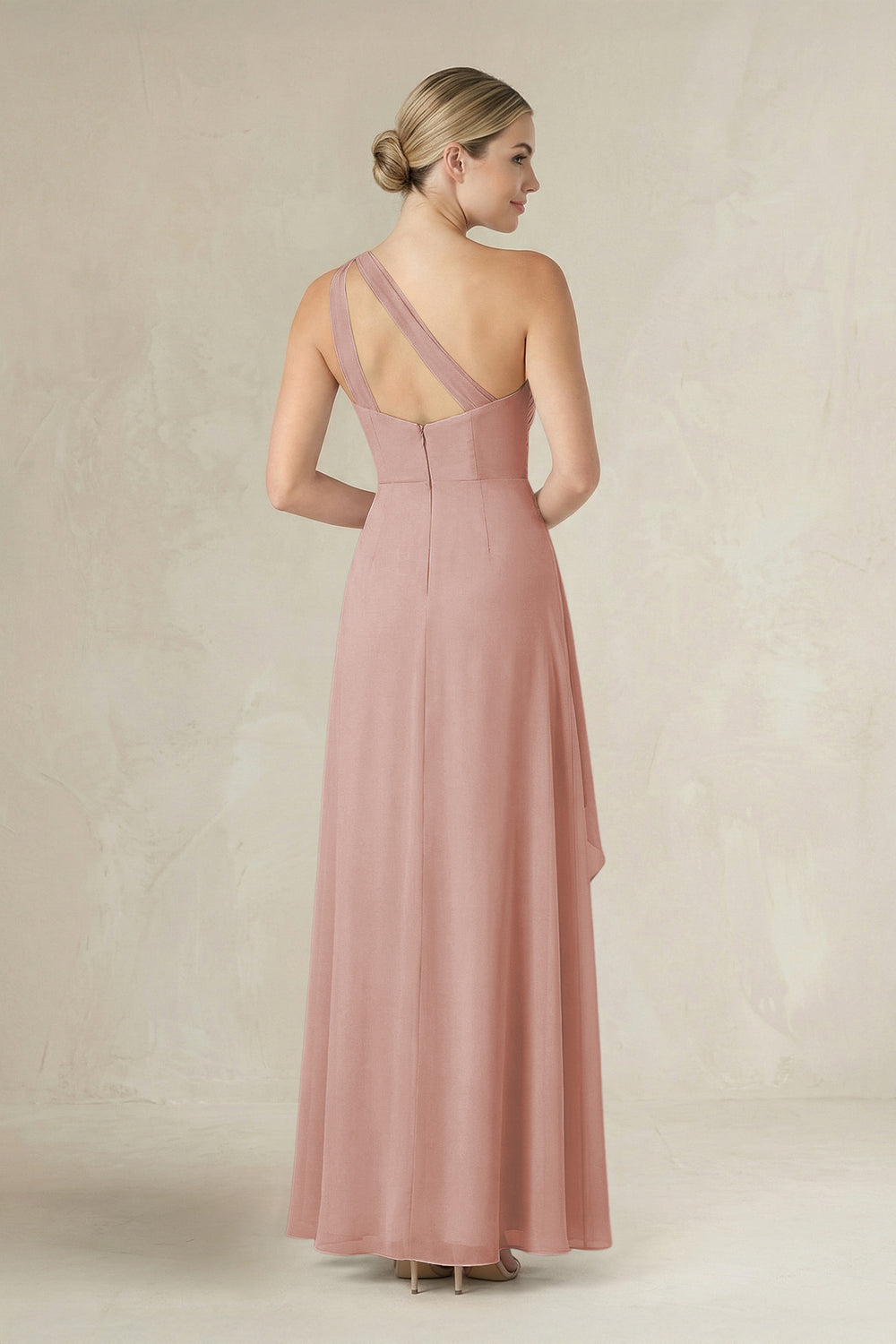 One-Shoulder Sheath Ruched Ruffled Bridesmaid Dress in English Rose