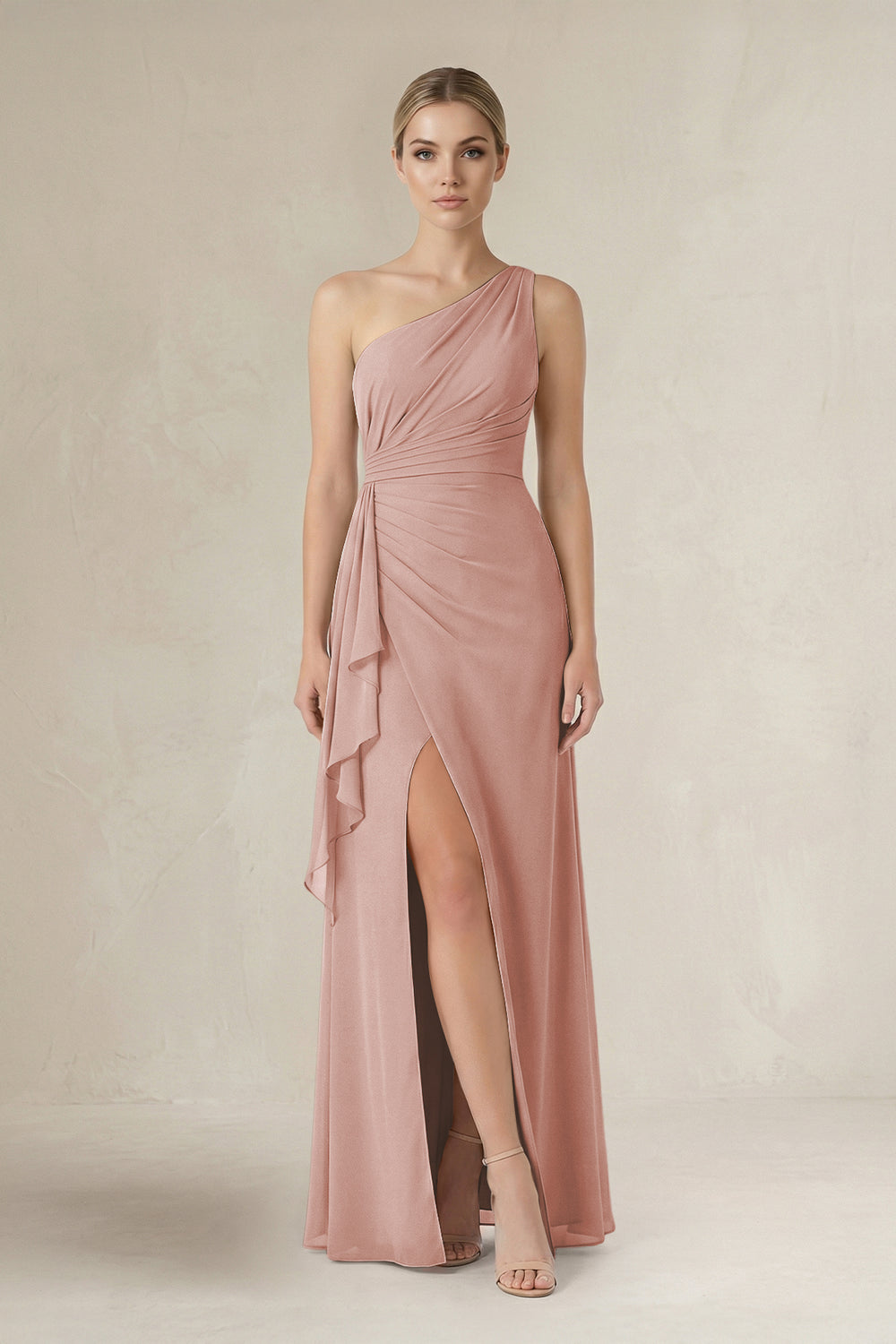 One-Shoulder Sheath Ruched Ruffled Bridesmaid Dress in English Rose
