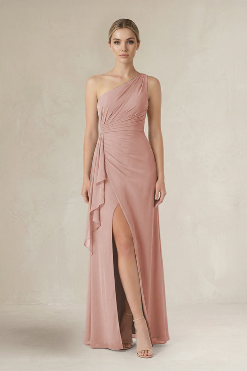 English Rose One-Shoulder Sheath Ruched Ruffled Bridesmaid Dress in English Rose | KISSBRIDAL