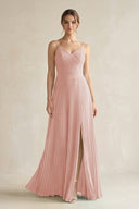 English Rose Pleated A-Line Long Chiffon Bridesmaid Dress | KISSBRIDAL