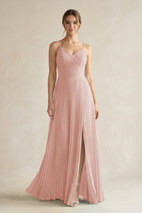 English Rose Pleated A-Line Long Chiffon Bridesmaid Dress | KISSBRIDAL