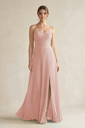 English Rose Pleated A-Line Long Chiffon Bridesmaid Dress | KISSBRIDAL