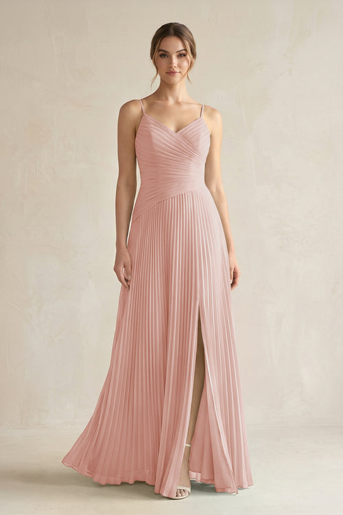 English Rose Pleated A-Line Long Chiffon Bridesmaid Dress | KISSBRIDAL