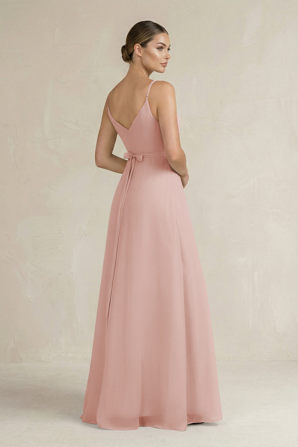 English Rose Ruched A-Line Chiffon Bridesmaid Dress with Slit (2) | KISSBRIDAL