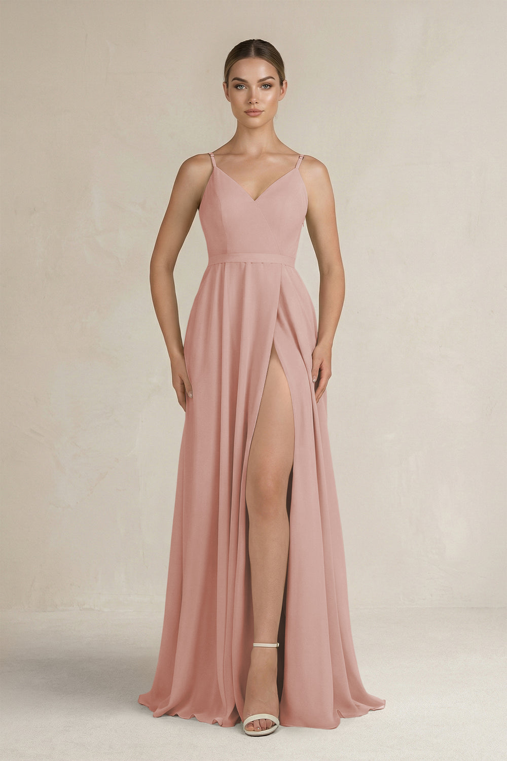 Ruched A-Line Chiffon Bridesmaid Dress with Slit in English Rose