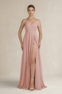 English Rose Ruched A-Line Chiffon Bridesmaid Dress with Slit | KISSBRIDAL