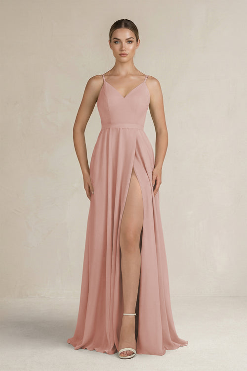 English Rose Ruched A-Line Chiffon Bridesmaid Dress with Slit | KISSBRIDAL