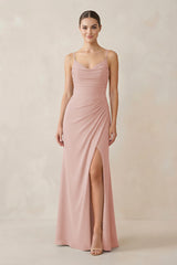 English Rose Ruched Sheath Spaghetti Strap Chiffon Bridesmaid Dress | KISSBRIDAL
