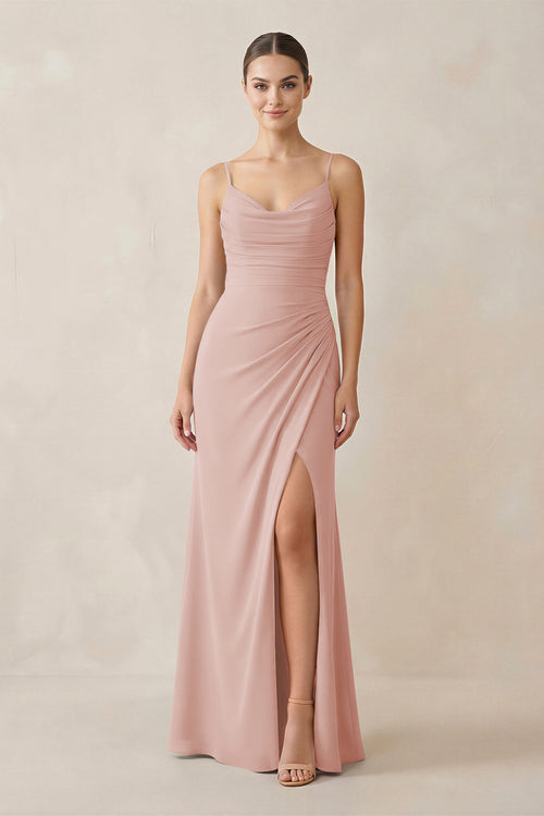 English Rose Ruched Sheath Spaghetti Strap Chiffon Bridesmaid Dress | KISSBRIDAL