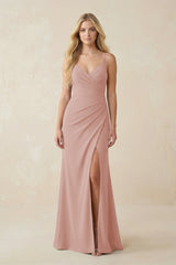 English Rose Ruched Sheath Spaghetti Strap Chiffon Bridesmaid Dress | KISSBRIDAL