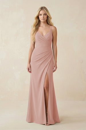 English Rose Ruched Sheath Spaghetti Strap Chiffon Bridesmaid Dress | KISSBRIDAL