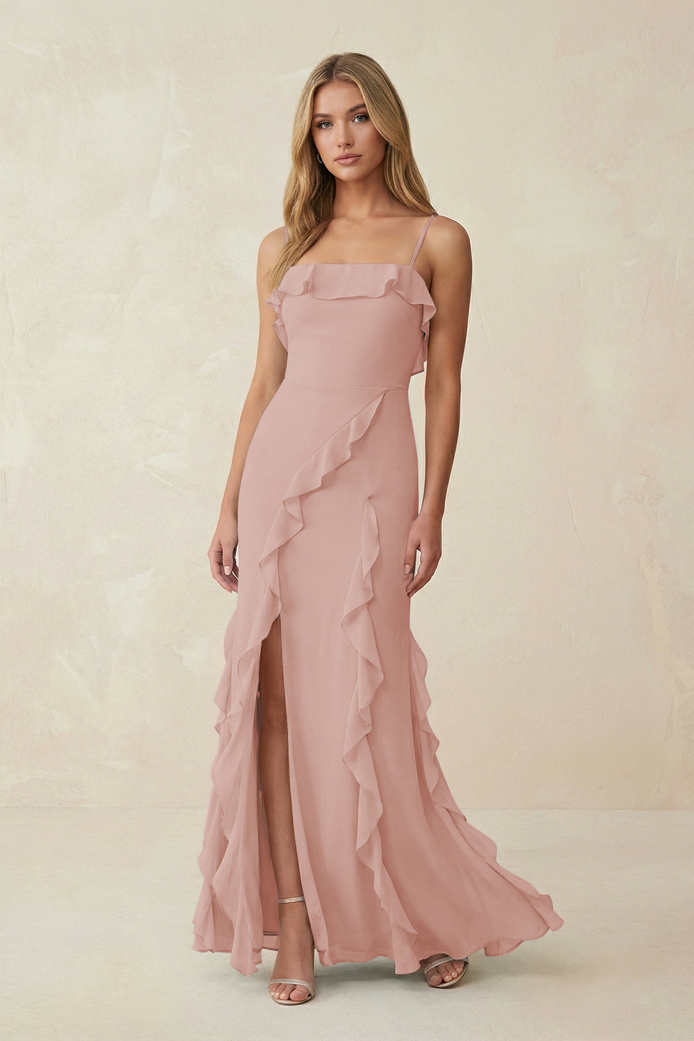Ruffled Cami Strap Chiffon Sheath Bridesmaid Dress in English Rose