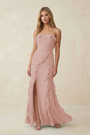 English Rose Ruffled Cami Strap Chiffon Sheath Bridesmaid Dress | KISSBRIDAL