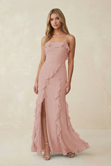 English Rose Ruffled Cami Strap Chiffon Sheath Bridesmaid Dress | KISSBRIDAL